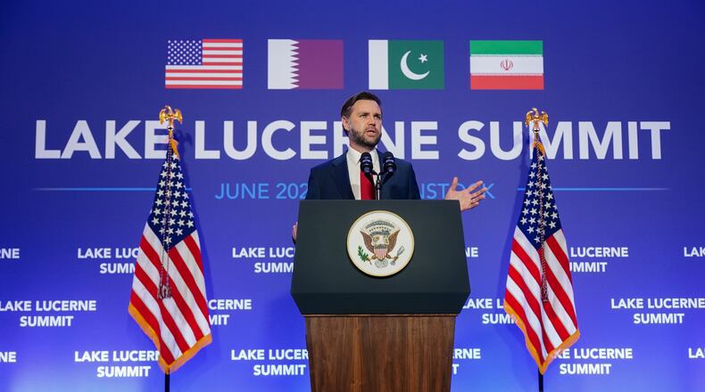 Vice President JD Vance speaks to members of the media after the U.S. and Iran held high-level talks at the Bürgenstock Resort in Obbuergen, near Lucerne, in Switzerland, Monday, June 22, 2026. (Nathan Howard/Pool Photo via AP)