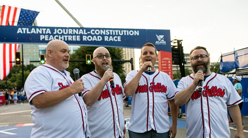 The Four Fellers perform the national anthem ahead of the 2024 AJC Peachtree Road Race (Joaquin Lara for Atlanta Track Club)