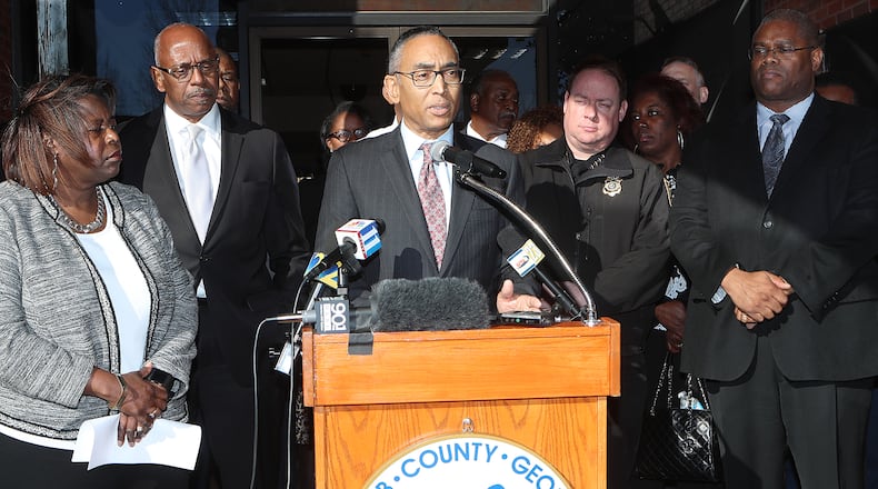 December 29, 2016, Decatur: DeKalb County CEO Burrell Ellis, backed by county officials, holds a press conference before his term ends on Thursday, Dec. 29, 2016, in Decatur. Curtis Compton/ccompton@ajc.com
