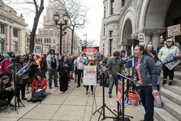 Protesters gather outside of federal courthouse as Milwaukee County Circuit Judge Hannah Dugan appeared for a hearing, Thursday, May 15, 2025 in Milwaukee. (AP Photo/Andy Manis)
