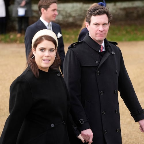 FILE - Britain's Princess Eugenie and husband Jack Brooksbank leave after attending the Christmas day service at St Mary Magdalene Church in Sandringham in Norfolk, England, Dec. 25, 2023.(AP Photo/Kin Cheung, File)
