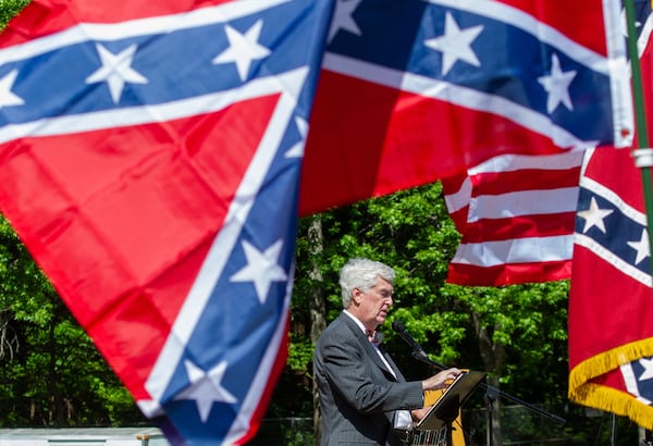 Martin O'Toole speaks to the crowd during the Sons of Confederate Veterans rally at Stone Mountain Park Saturday, April 30, 2022. (Photo: Steve Schaefer / steve.schaefer@ajc.com)