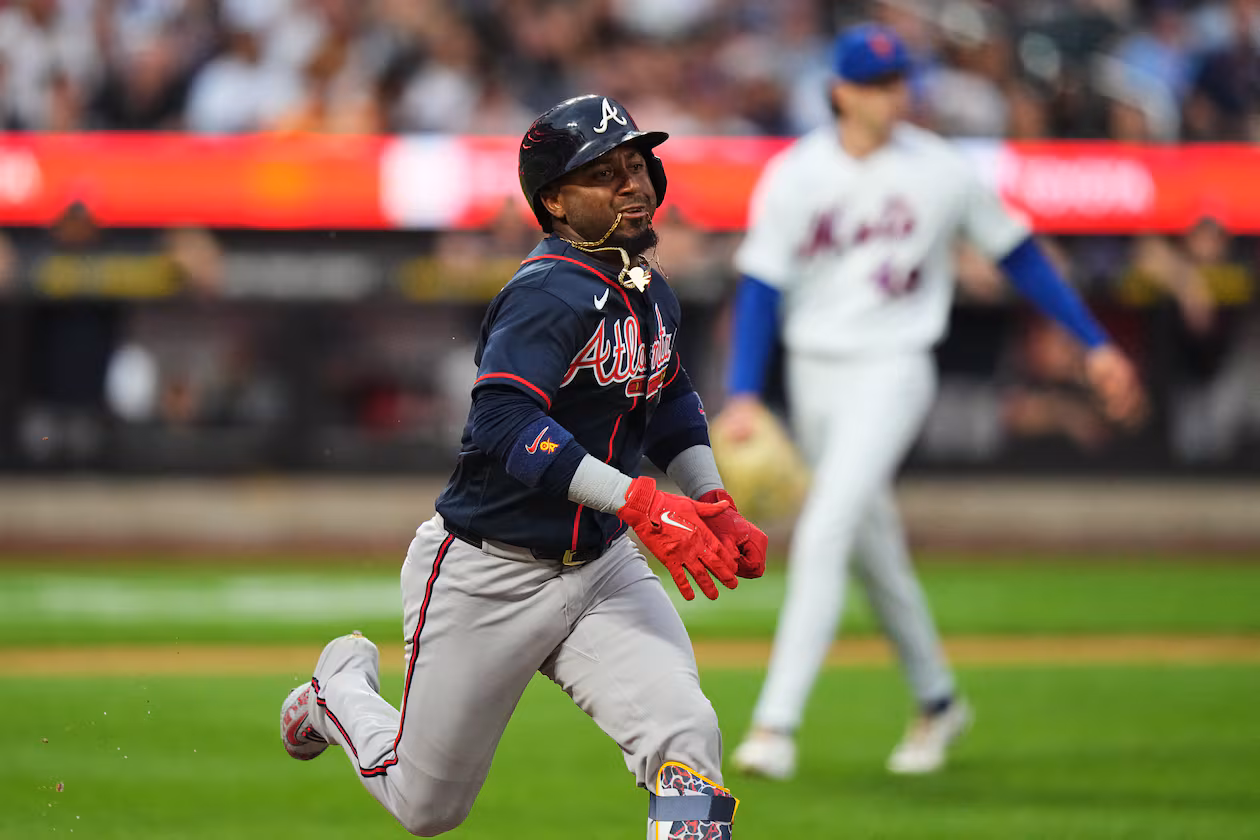 Atlanta Braves' Ozzie Albies runs to first base for a single during the first inning of a baseball game against the New York Mets Monday, July 27, 2026, in New York. (Frank Franklin II/AP)