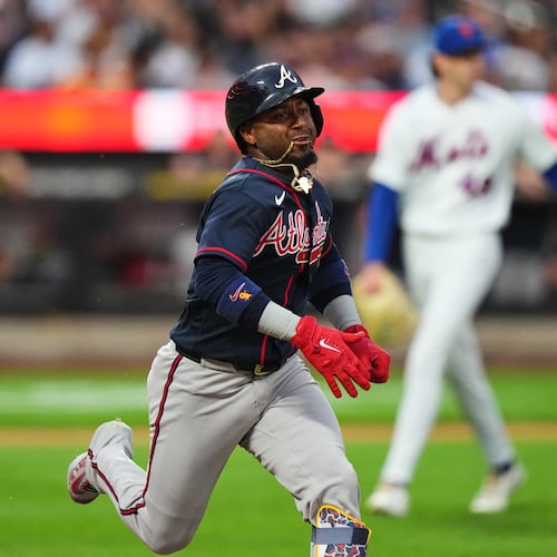 Atlanta Braves' Ozzie Albies runs to first base for a single during the first inning of a baseball game against the New York Mets Monday, July 27, 2026, in New York. (Frank Franklin II/AP)
