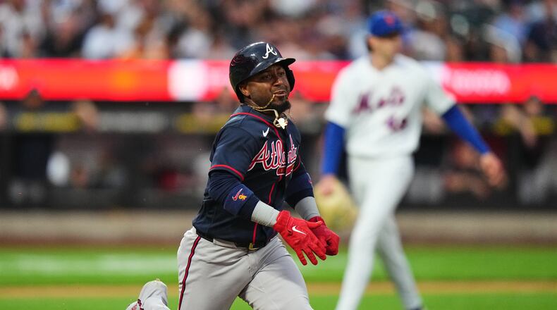 Atlanta Braves' Ozzie Albies runs to first base for a single during the first inning of a baseball game against the New York Mets Monday, July 27, 2026, in New York. (Frank Franklin II/AP)