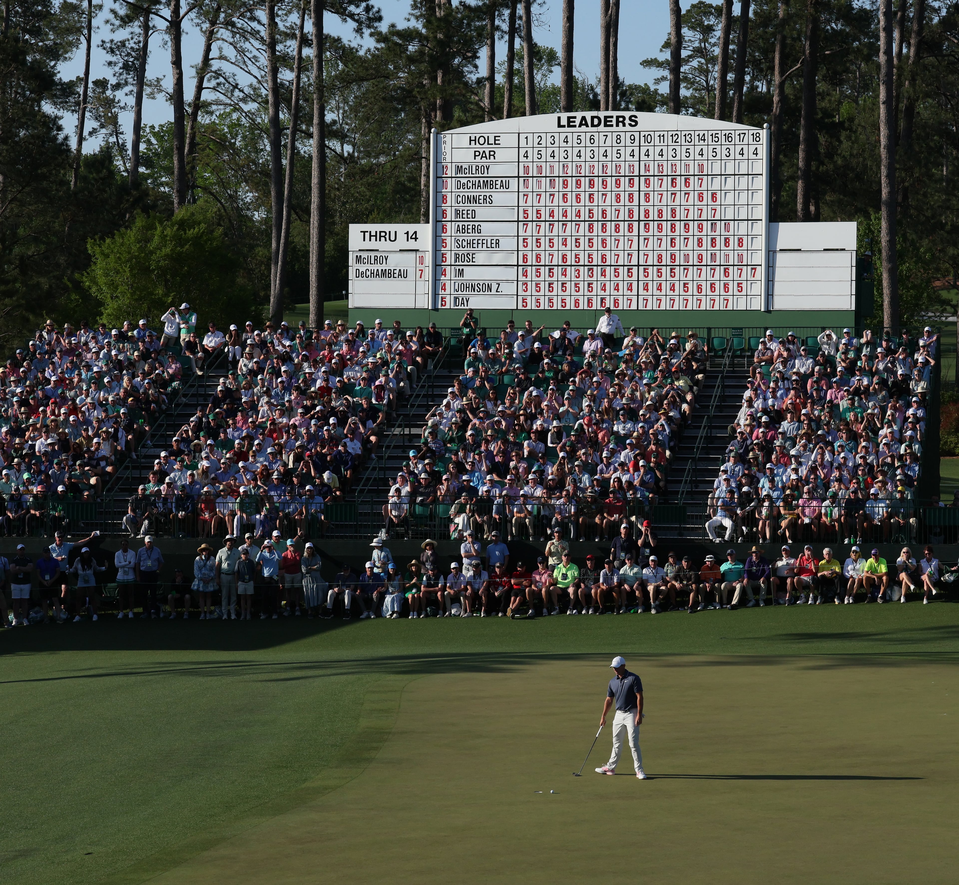 Rory McIlroy reacts after missing putt on 15th green during final round of the Masters golf tournament, at Augusta National Golf Club, Sunday, April 13, 2025, in Augusta, Ga. (Jason Getz / AJC)