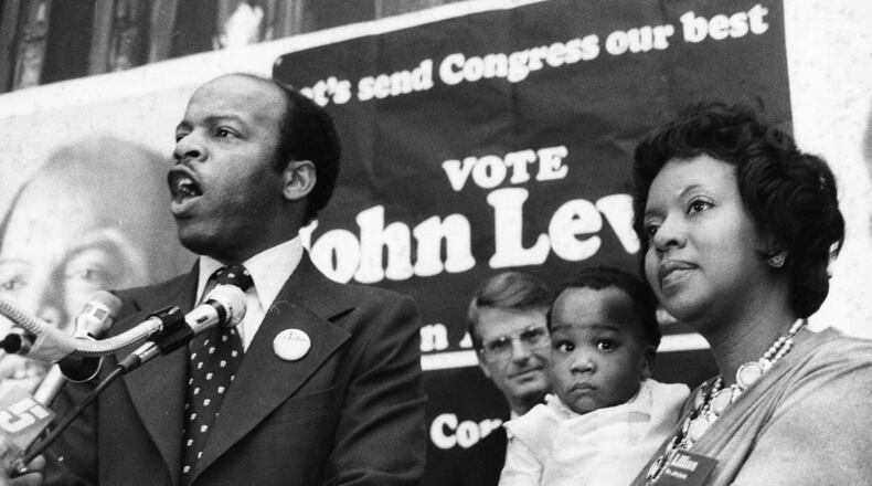 John and Lillian Lewis at a campaign rally at the International Ballroom in April 1977. A gala Tuesday will mark the launch of the John and Lillian Miles Lewis Foundation. (Dwight Ross Jr./AJC staff)