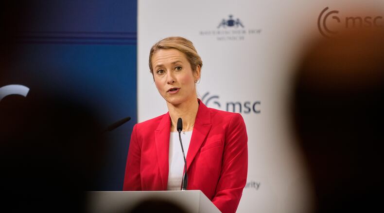 European Union foreign policy chief Kaja Kallas speaks during the Munich Security Conference in Munich, Germany, Sunday, Feb. 15, 2026. (AP Photo/Michael Probst)
