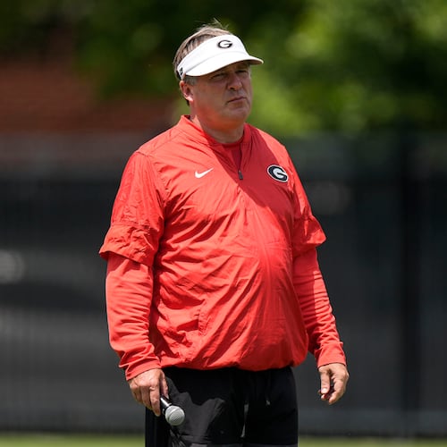 Georgia head coach Kirby Smart watches his team work out during a Georgia football practice, Thursday, July 31, 2025, in Athens. (Mike Stewart/AP)