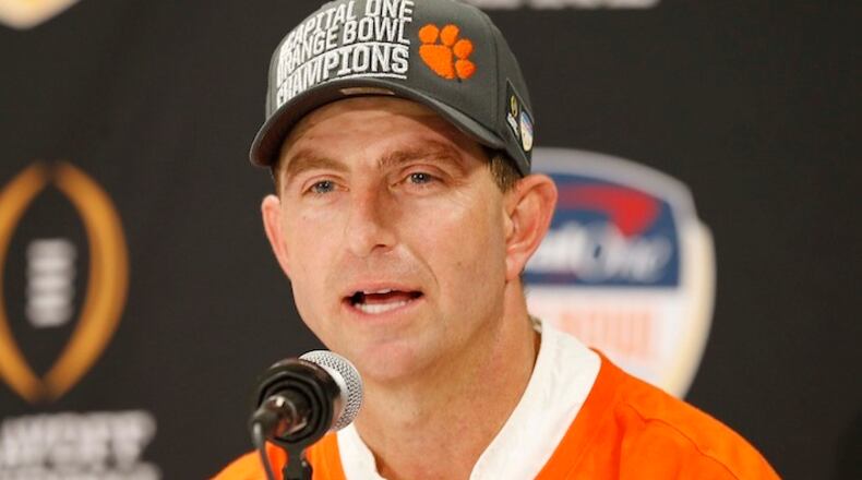 Clemson head coach Dabo Swinney speaks during a post game news conference following the Orange Bowl NCAA college football semifinal playoff game against Oklahoma, Thursday, Dec. 31, 2015, in Miami Gardens, Fla. Clemson defeated Oklahoma 37-17. (AP Photo/Joe Skipper)