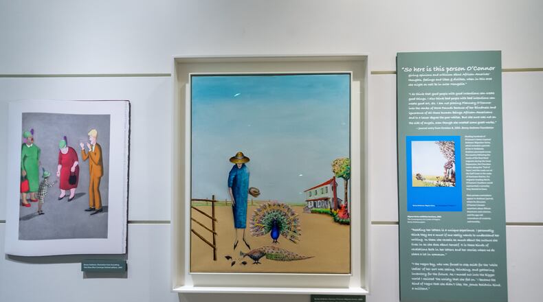 A reproduction of an illustration by Benny Andrews, left, is featured in O’Connor’s “Everything That Rises Must Converge.” In the "At the Crossroads with Benny Andrews, Flannery O’Connor and Alice Walker" exhibit, it hangs next to an original work by Andrews, “Flannery O’Connor (Migrant Series)” (2004). Benny Andrews Estate, courtesy of Michael Rosenfeld Gallery LLC, New York.