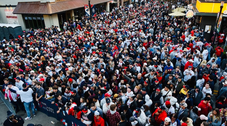 Thousands of fans pack The Battery at Truist Park on Sunday, Oct. 31, 2021, as the Braves face the Astros during Game 5 of the World Series. The Braves lead the series 3-1.