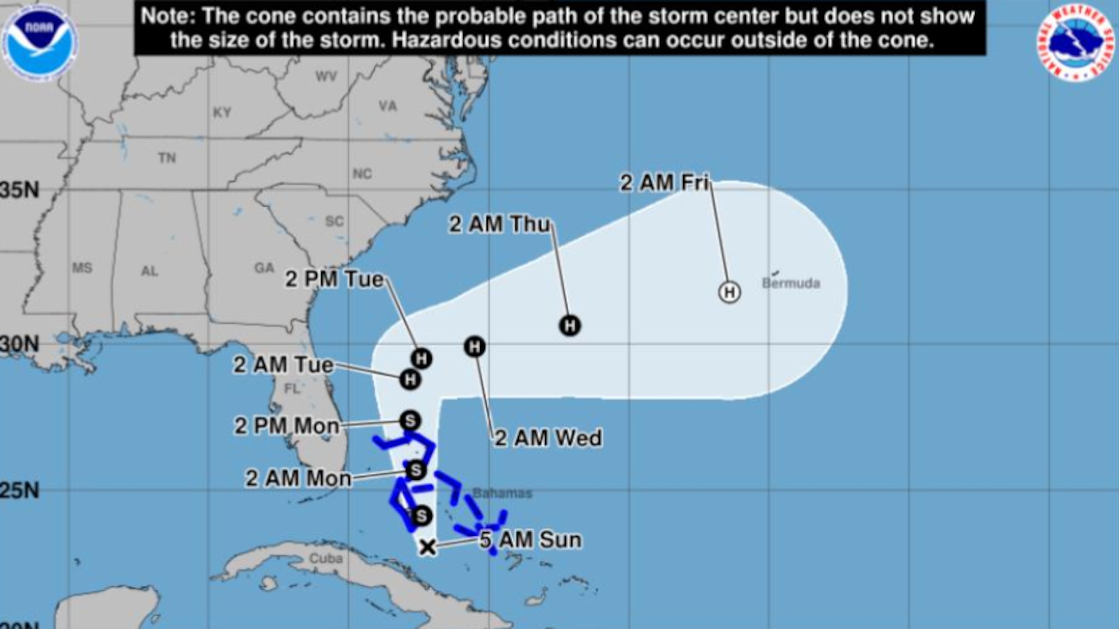 The National Hurricane Center released a possible track for the system Sunday that is trending east and should have limited impacts for much of Georgia, officials said. (Courtesy of the National Hurricane Center).
