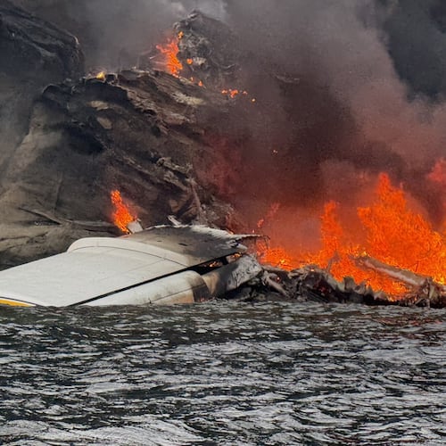 This photo provided by Dave Eastman shows a seaplane after it crashed near Sucia Island in the San Juan Islands, Wash., Thursday, July 23, 2026. (Dave Eastman via AP)
