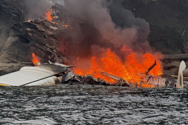 This photo provided by Dave Eastman shows a seaplane after it crashed near Sucia Island in the San Juan Islands, Wash., Thursday, July 23, 2026. (Dave Eastman via AP)