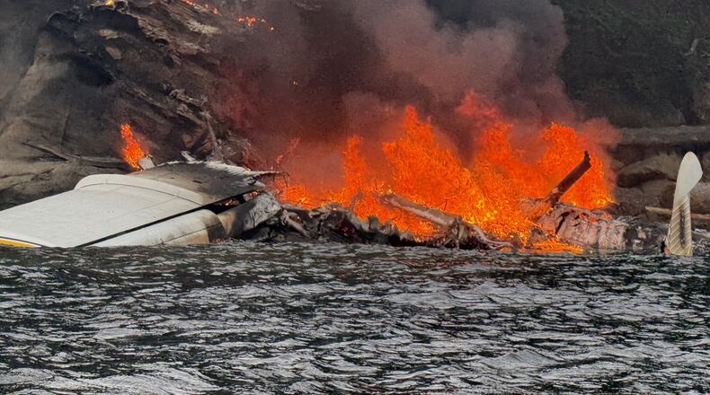 This photo provided by Dave Eastman shows a seaplane after it crashed near Sucia Island in the San Juan Islands, Wash., Thursday, July 23, 2026. (Dave Eastman via AP)