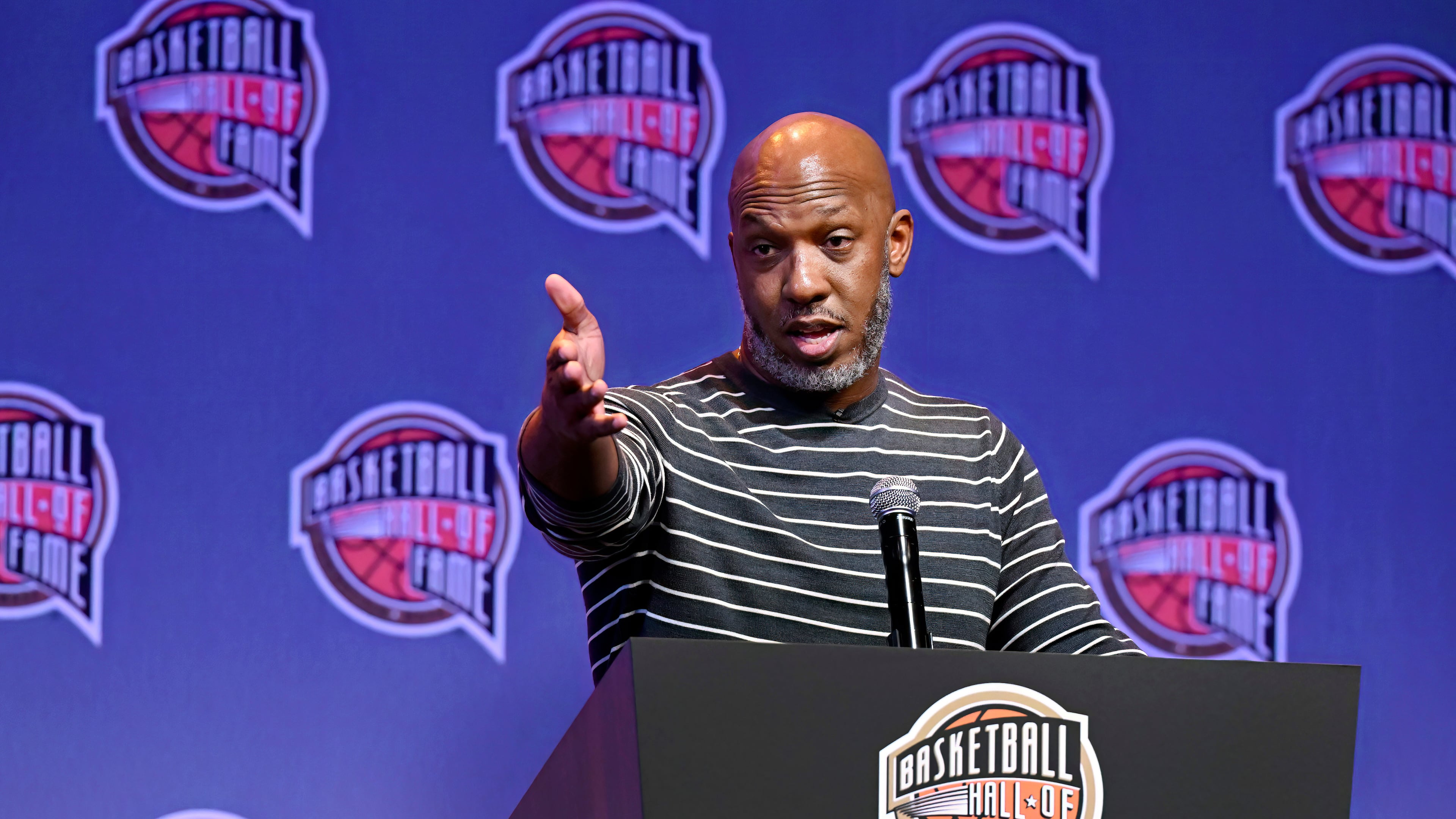 FILE - Basketball Hall of Fame Class of 2024 inductee Chauncey Billups speaks at a hall of fame news conference at Mohegan Sun, Oct. 12, 2024, in Uncasville, Conn. (AP Photo/Jessica Hill, file)
