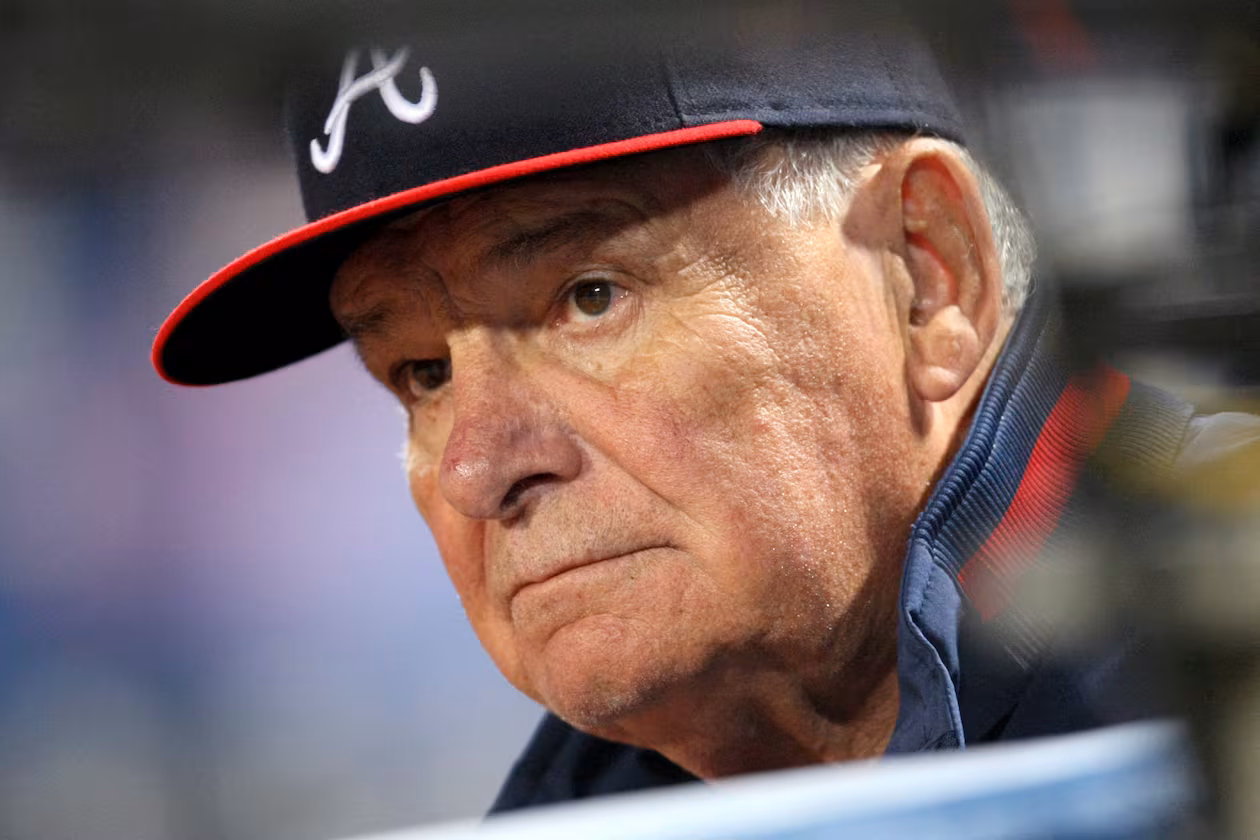 Braves manager Bobby Cox stands near the tunnel in the dugout during a game against the Philadelphia Phillies at Turner Field on April 20, 2010. (Jason Getz/AJC file)
