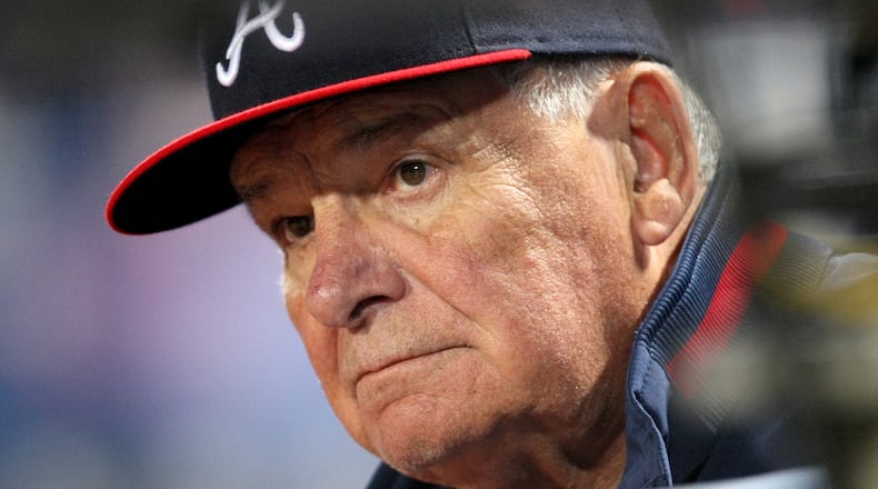 Atlanta Braves manager Bobby Cox is pictured during a game against the Philadelphia Phillies at Turner Field on April 20, 2010. Cox died Saturday, May 9, 2026, at the age of 84. (Jason Getz/AJC)
