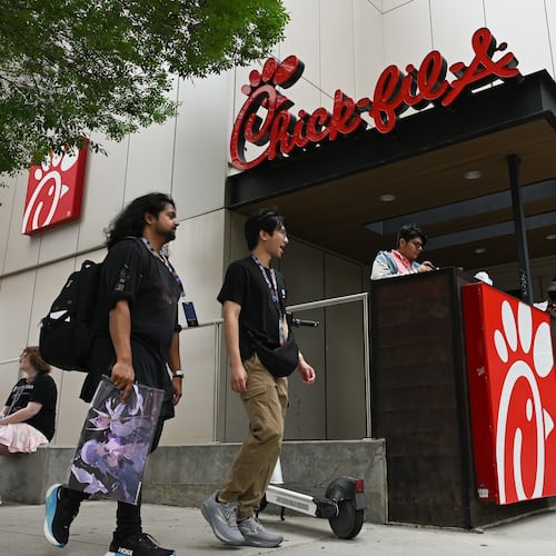 Convention attendees visit an Atlanta Chick-fil-A on Friday, May 22, 2026. Jersey Mike's knocked the College Park-based chain from No. 1 in the American Customer Satisfaction Index after Chick-fil-A topped the survey for 11 years. (Tyler Sun for the AJC)