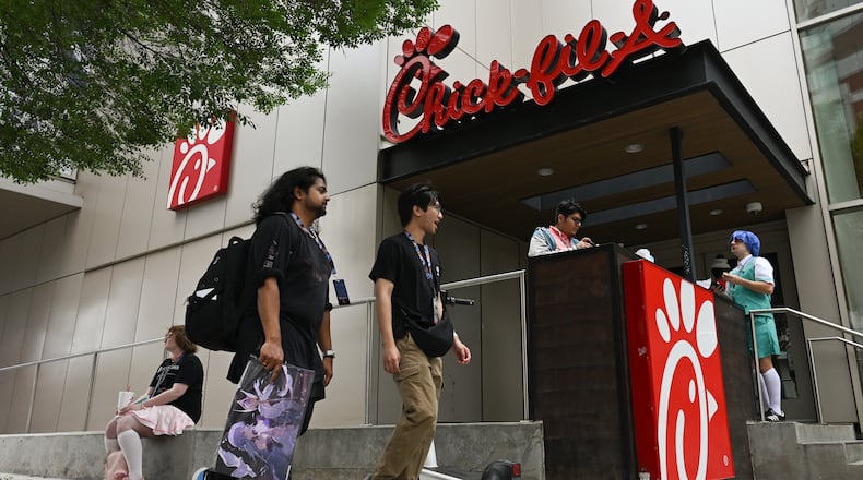 Convention attendees visit an Atlanta Chick-fil-A on Friday, May 22, 2026. Jersey Mike's knocked the College Park-based chain from No. 1 in the American Customer Satisfaction Index after Chick-fil-A topped the survey for 11 years. (Tyler Sun for the AJC)