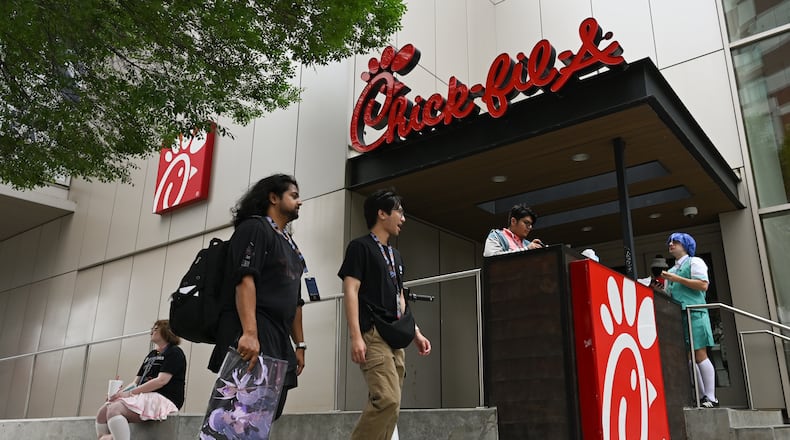 Convention attendees visit an Atlanta Chick-fil-A on Friday, May 22, 2026. Jersey Mike's knocked the College Park-based chain from No. 1 in the American Customer Satisfaction Index after Chick-fil-A topped the survey for 11 years. (Tyler Sun for the AJC)