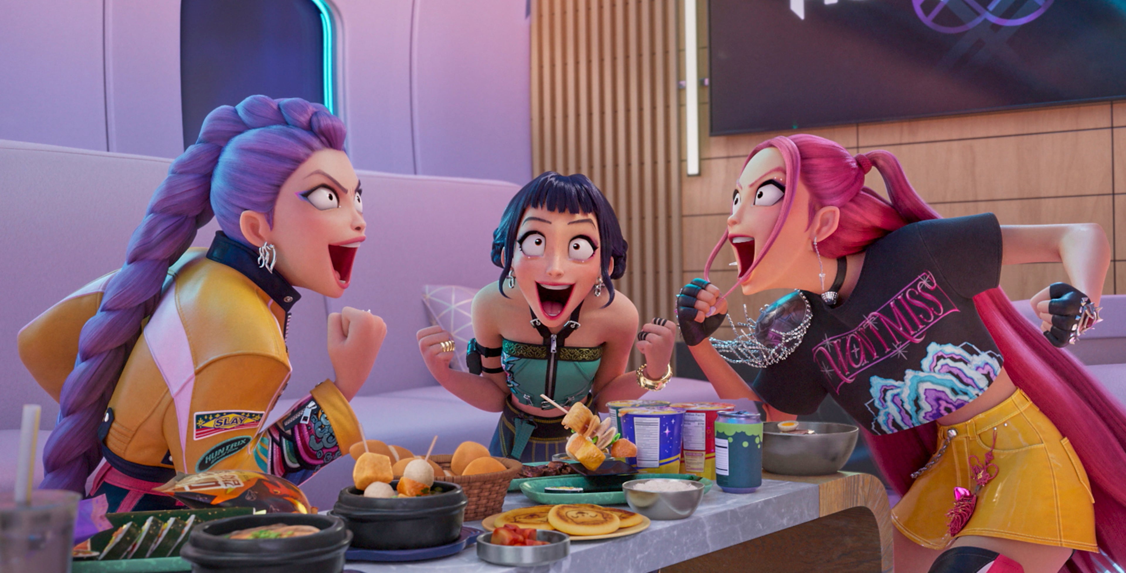 From left, Rumi, Zoey and Mira are the demon-slaying members of the K-Pop band Huntr/x in "KPop Demon Hunters." (Netflix via AP)