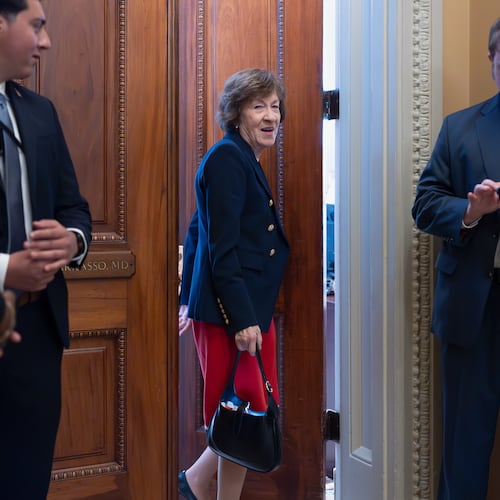 Sen. Susan Collins, R-Maine, chair of the Senate Appropriations Committee, heads to the chamber before votes on the immigration enforcement funding package, at the Capitol in Washington, Thursday, June 4, 2026. (AP Photo/J. Scott Applewhite)