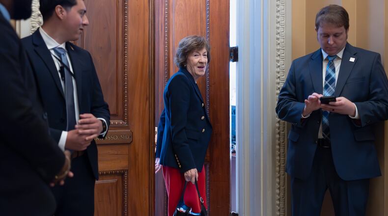 Sen. Susan Collins, R-Maine, chair of the Senate Appropriations Committee, heads to the chamber before votes on the immigration enforcement funding package, at the Capitol in Washington, Thursday, June 4, 2026. (AP Photo/J. Scott Applewhite)