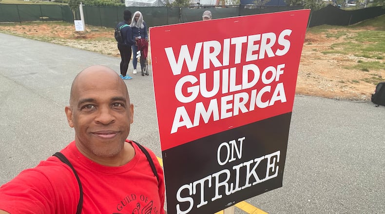 Lamont Ferrell on the picket line at Cinelease Studios in Covington on May 31, 2023. CONTRIBUTED