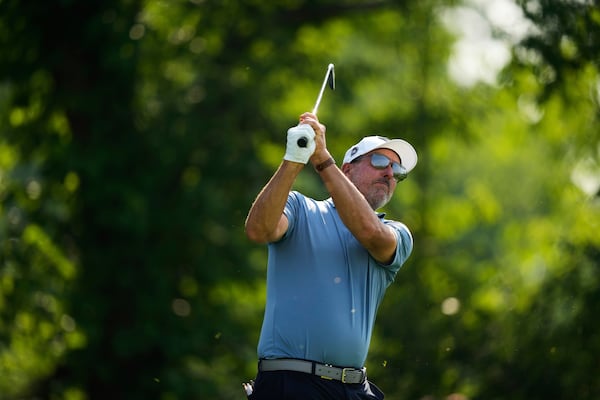 Phil Mickelson tees off on the 13th hole during the first round of the U.S. Open golf tournament at Oakmont Country Club Thursday, June 12, 2025, in Oakmont, Pa. (AP Photo/Carolyn Kaster)
