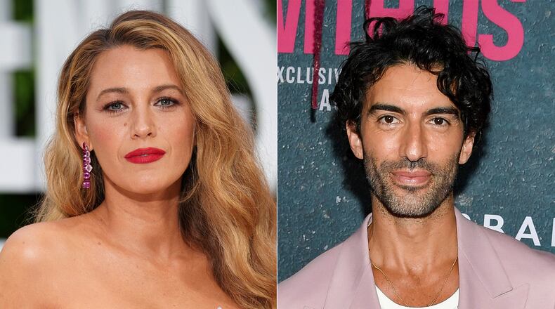 This combination of images shows Blake Lively at the London screening of the film "It 'Ends With Us" on Aug. 8, 2024, left, and Justin Baldoni at the world premiere of the film in New York on Aug. 6, 2024. (AP Photo)