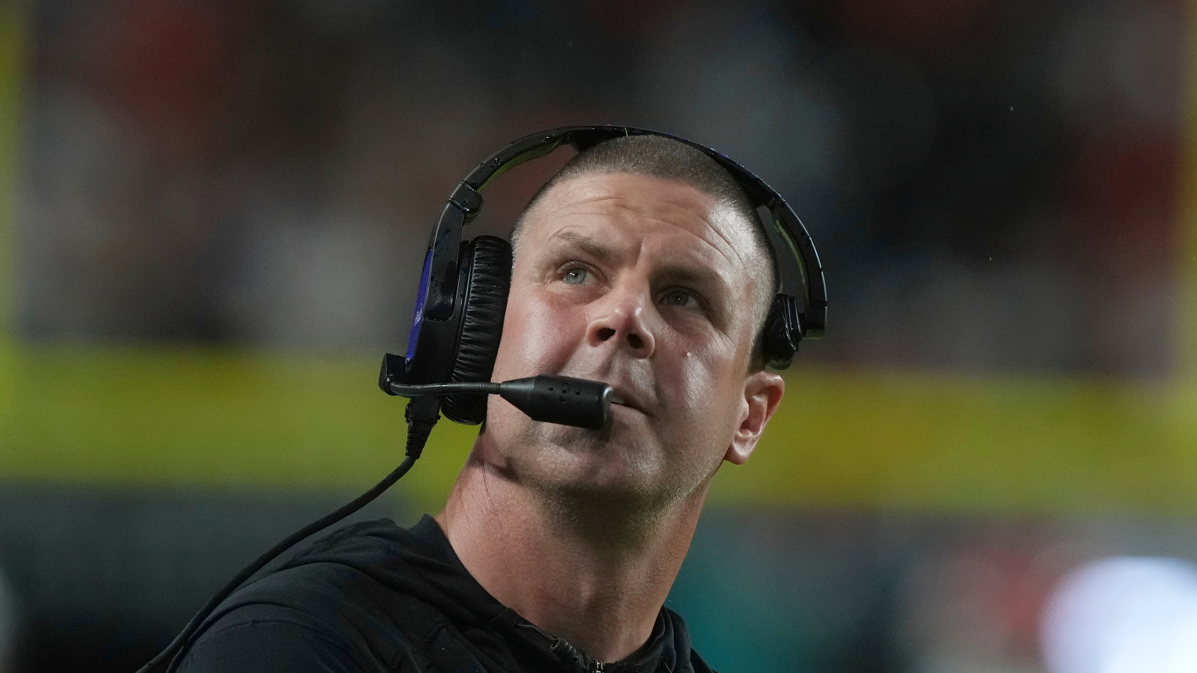 Florida head coach Billy Napier looks up during the first half of an NCAA college football game against Miami, Saturday, Sept. 20, 2025, in Miami Gardens, Fla. (AP Photo/Marta Lavandier)