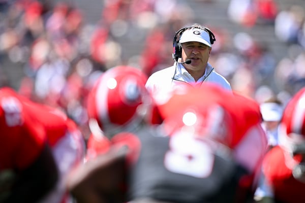 Georgia coach Kirby Smart watches his teams scrimmage during the first half of the G-Day spring football game Saturday, April 12, 2025 at Sanford Stadium in Athens. (Daniel Varnado/For the Atlanta Journal-Constitution)