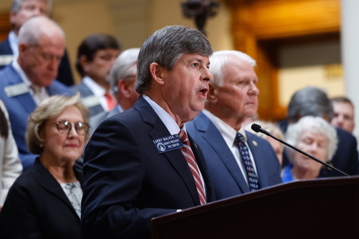 Georgia Senate President Pro Tem Larry Walker III (left) and House Speaker Jon Burns hold a news conference at the Capitol in Atlanta on Wednesday. (Arvin Temkar/AJC)