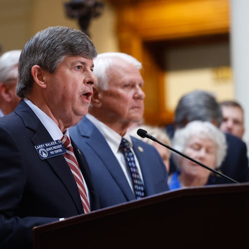 Georgia Senate President Pro Tem Larry Walker III (left) and House Speaker Jon Burns hold a news conference at the Capitol in Atlanta on Wednesday. (Arvin Temkar/AJC)