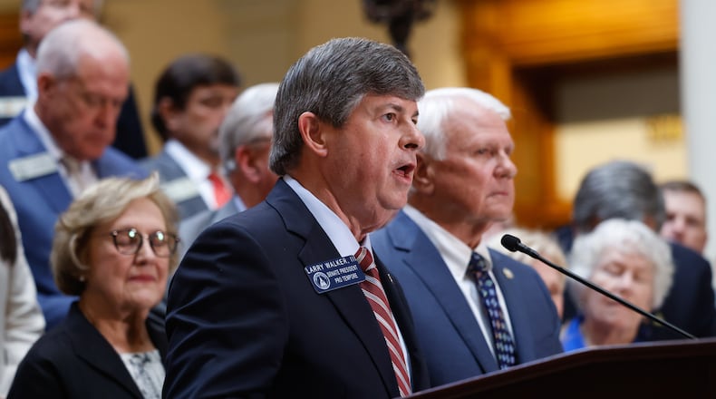Georgia Senate President Pro Tem Larry Walker III (left) and House Speaker Jon Burns hold a news conference at the Capitol in Atlanta on Wednesday. (Arvin Temkar/AJC)
