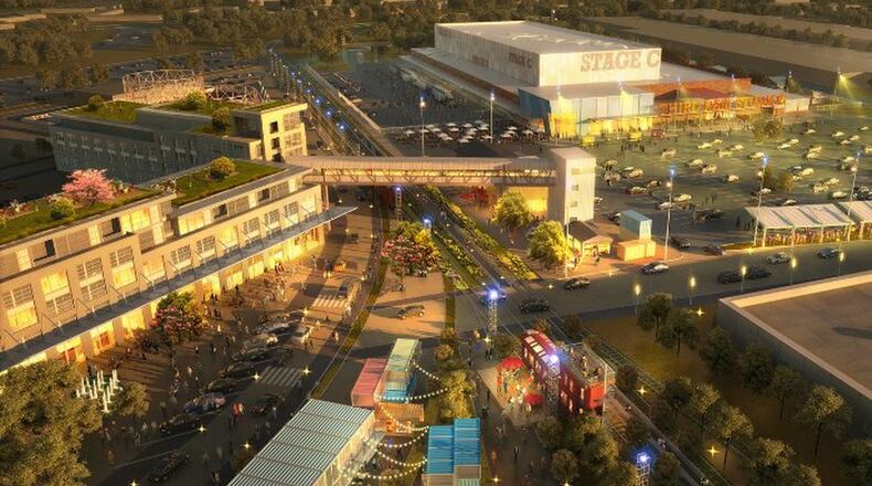 A conceptual drawing shows how part of the former General Motors plant in Doraville might be redeveloped, with movie studios, condos and businesses on the site. Credit: Integral Group