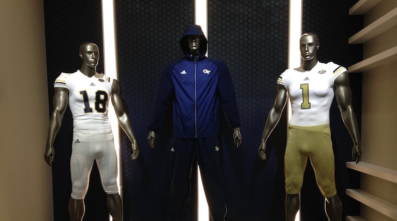 Mock-ups of Adidas gear and uniforms in the lobby of the Georgia Tech football offices. (AJC photo by Ken Sugiura)