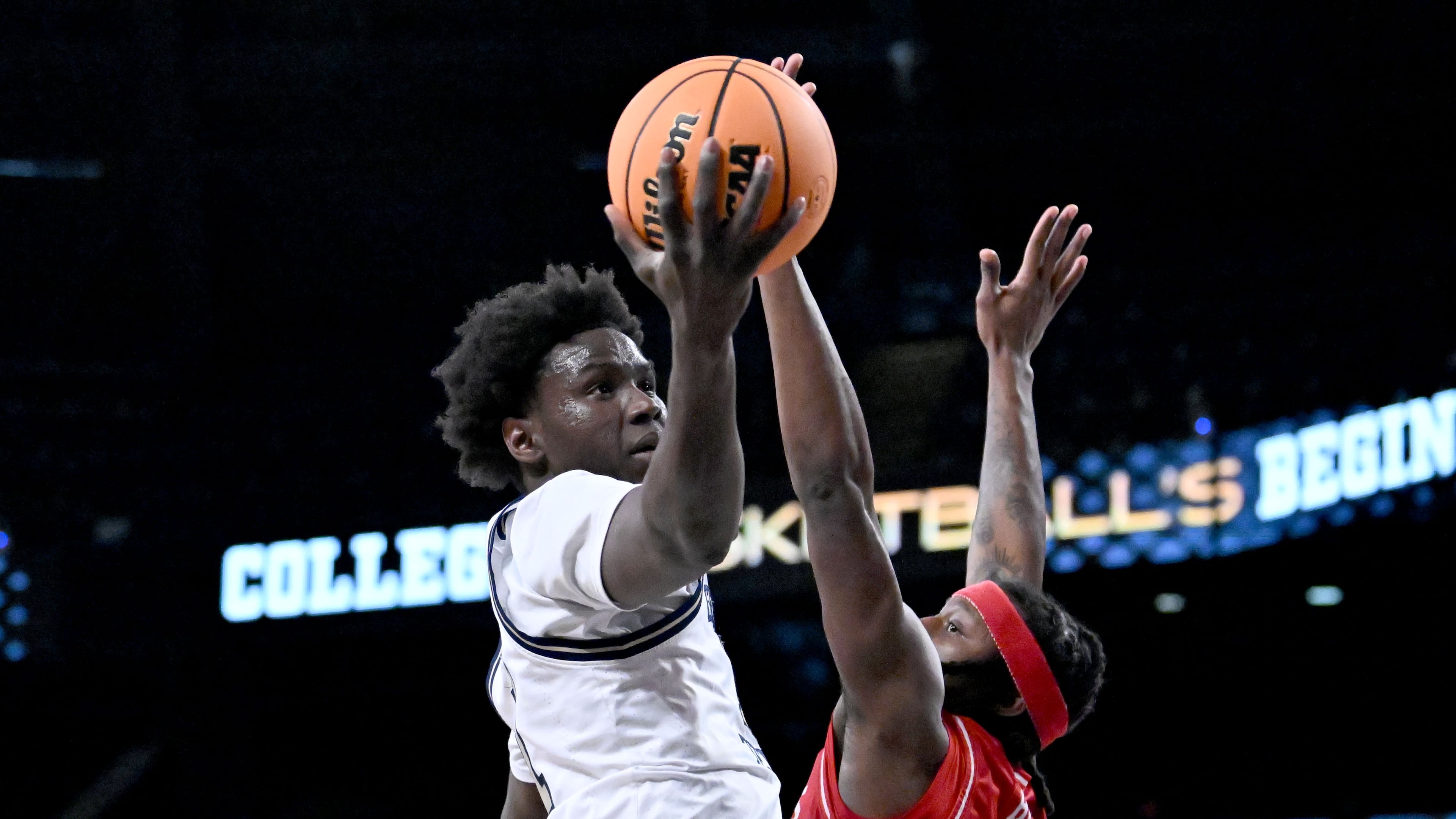Georgia Tech forward Baye Ndongo (left) — pictured going for a layup against Jacksonville State in the NIT in March — is one of only four returning Yellow Jackets, joining Kowacie Reeves Jr., Jaeden Mustaf and Dyllan Thompson. (Hyosub Shin/AJC 2025)