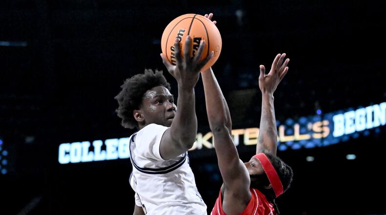 Georgia Tech forward Baye Ndongo (left) — pictured going for a layup against Jacksonville State in the NIT in March — is one of only four returning Yellow Jackets, joining Kowacie Reeves Jr., Jaeden Mustaf and Dyllan Thompson. (Hyosub Shin/AJC 2025)
