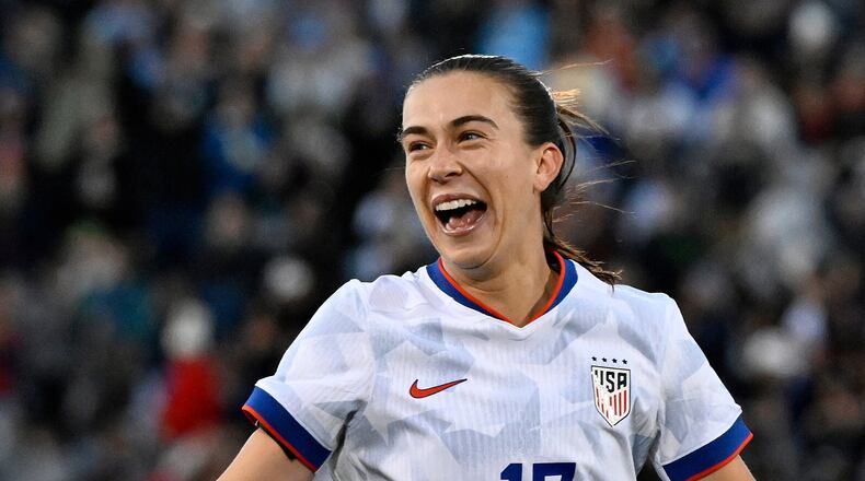 FILE - United States' Sam Coffey (17) celebrates after her goal during the second half of an international friendly women's soccer match against Portugal, Sunday, Oct. 26, 2025, in East Hartford, Conn. (AP Photo/Jessica Hill, file)
