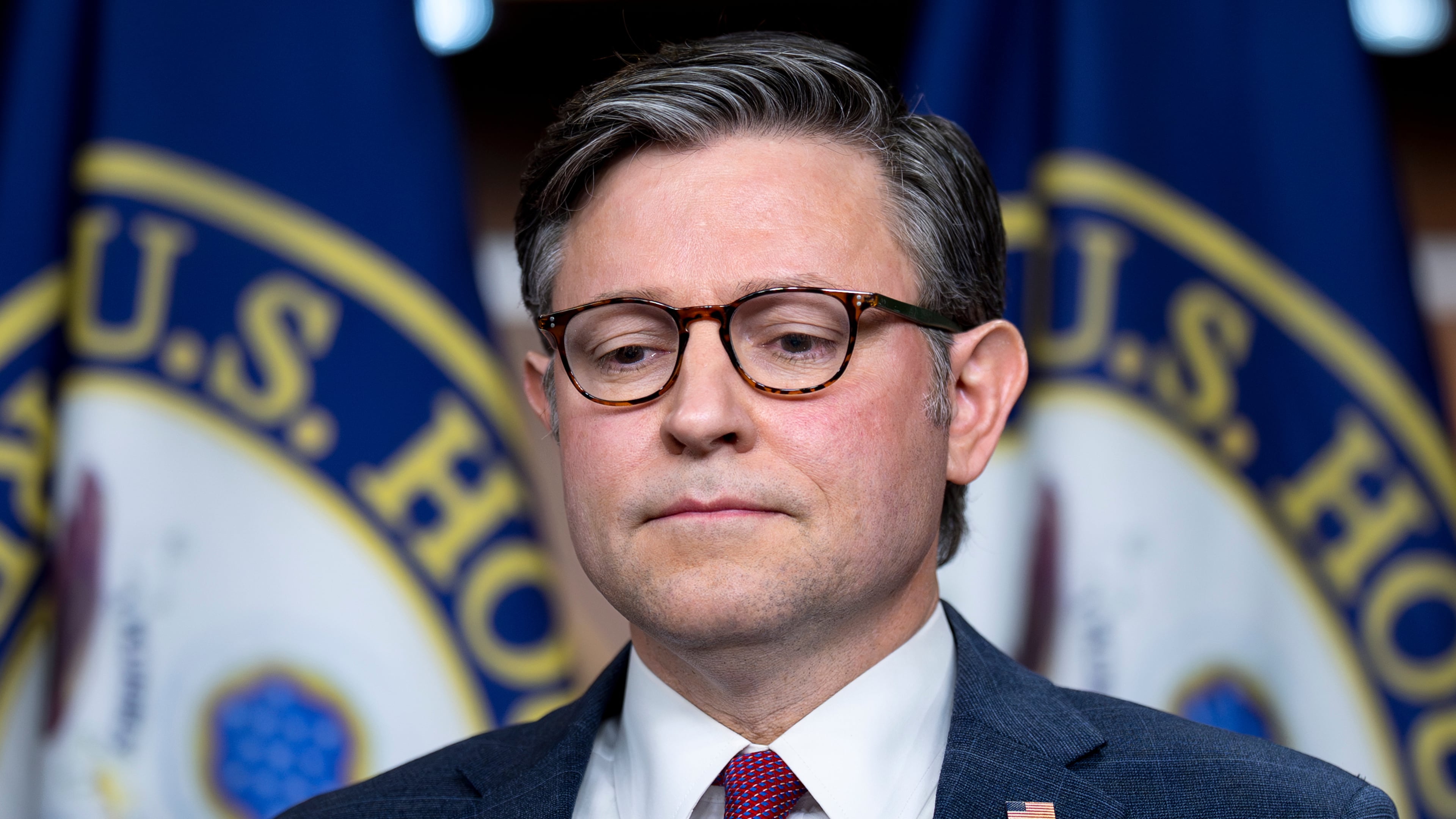 Speaker of the House Mike Johnson, R-La., prepares to speak to reporters following a strategy session with House Republicans, at the Capitol in Washington, Wednesday, Dec. 10, 2025. (AP Photo/J. Scott Applewhite)