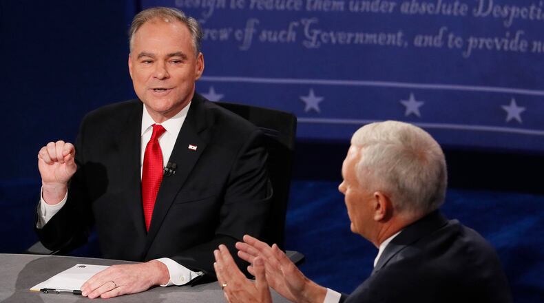 Republican vice-presidential nominee Gov. Mike Pence, right, and Democratic vice-presidential nominee Sen. Tim Kaine debate during the vice-presidential debate at Longwood University in Farmville, Va., Tuesday, Oct. 4, 2016. (Andrew Gombert/Pool via AP)