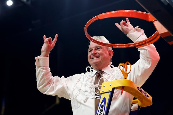 Texas head coach Vic Schaefer celebrates a win over TCU in the Elite Eight of the NCAA college basketball tournament, Monday, March 31, 2025, in Birmingham, Ala. (AP Photo/Butch Dill)