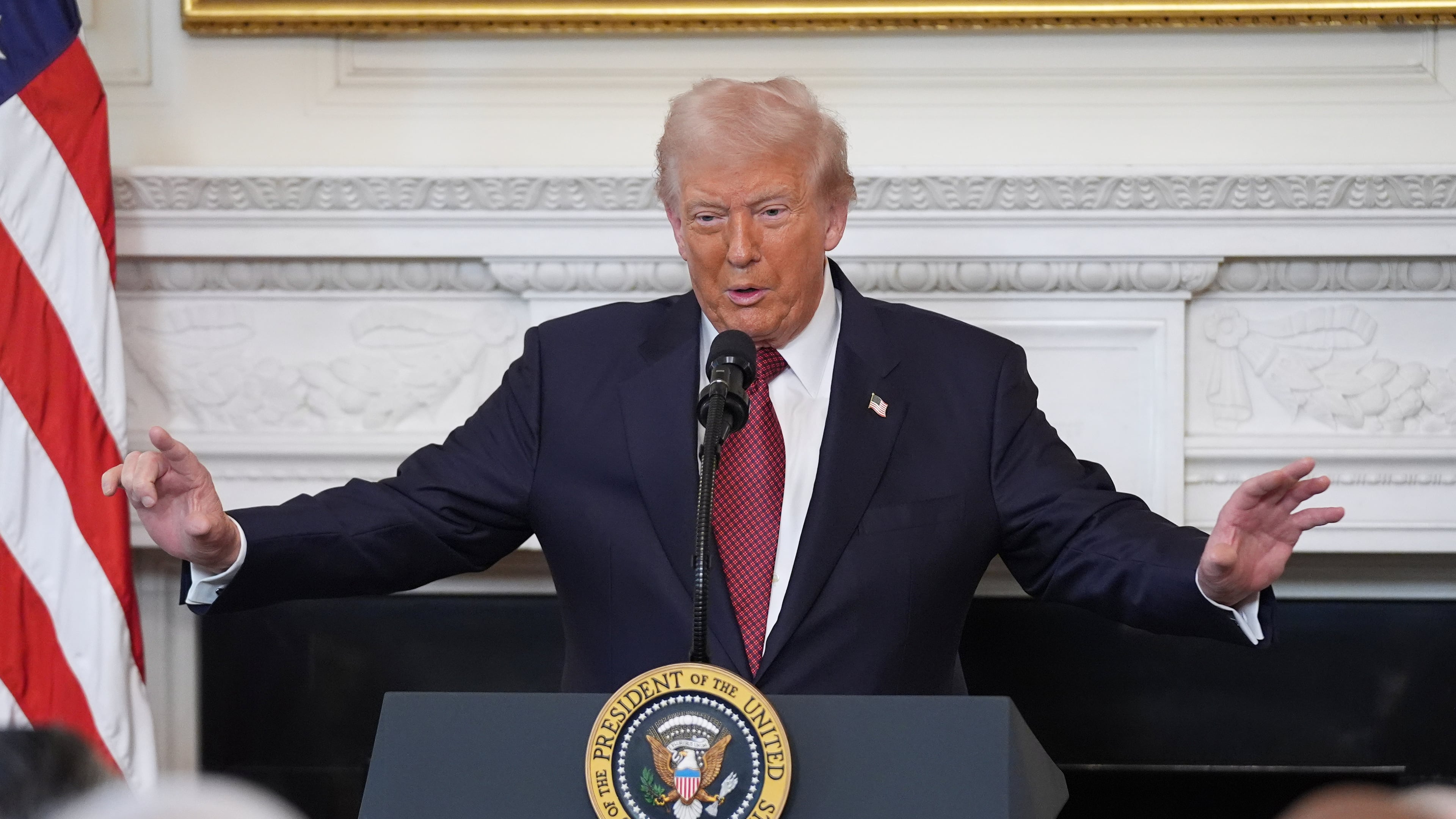 President Donald Trump speaks during a breakfast with Senate and House Republicans in the State Dining Room of the White House, Wednesday, Nov. 5, 2025, in Washington. (AP Photo/Evan Vucci)