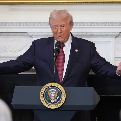 President Donald Trump speaks during a breakfast with Senate and House Republicans in the State Dining Room of the White House, Wednesday, Nov. 5, 2025, in Washington. (AP Photo/Evan Vucci)