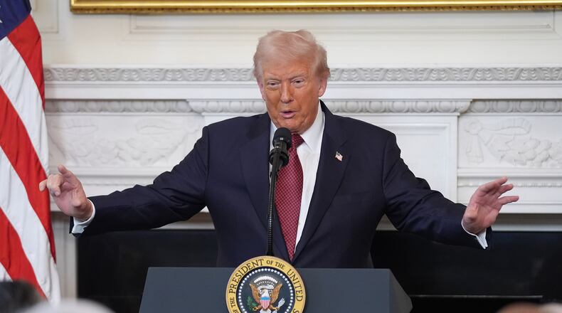 President Donald Trump speaks during a breakfast with Senate and House Republicans in the State Dining Room of the White House, Wednesday, Nov. 5, 2025, in Washington. (AP Photo/Evan Vucci)