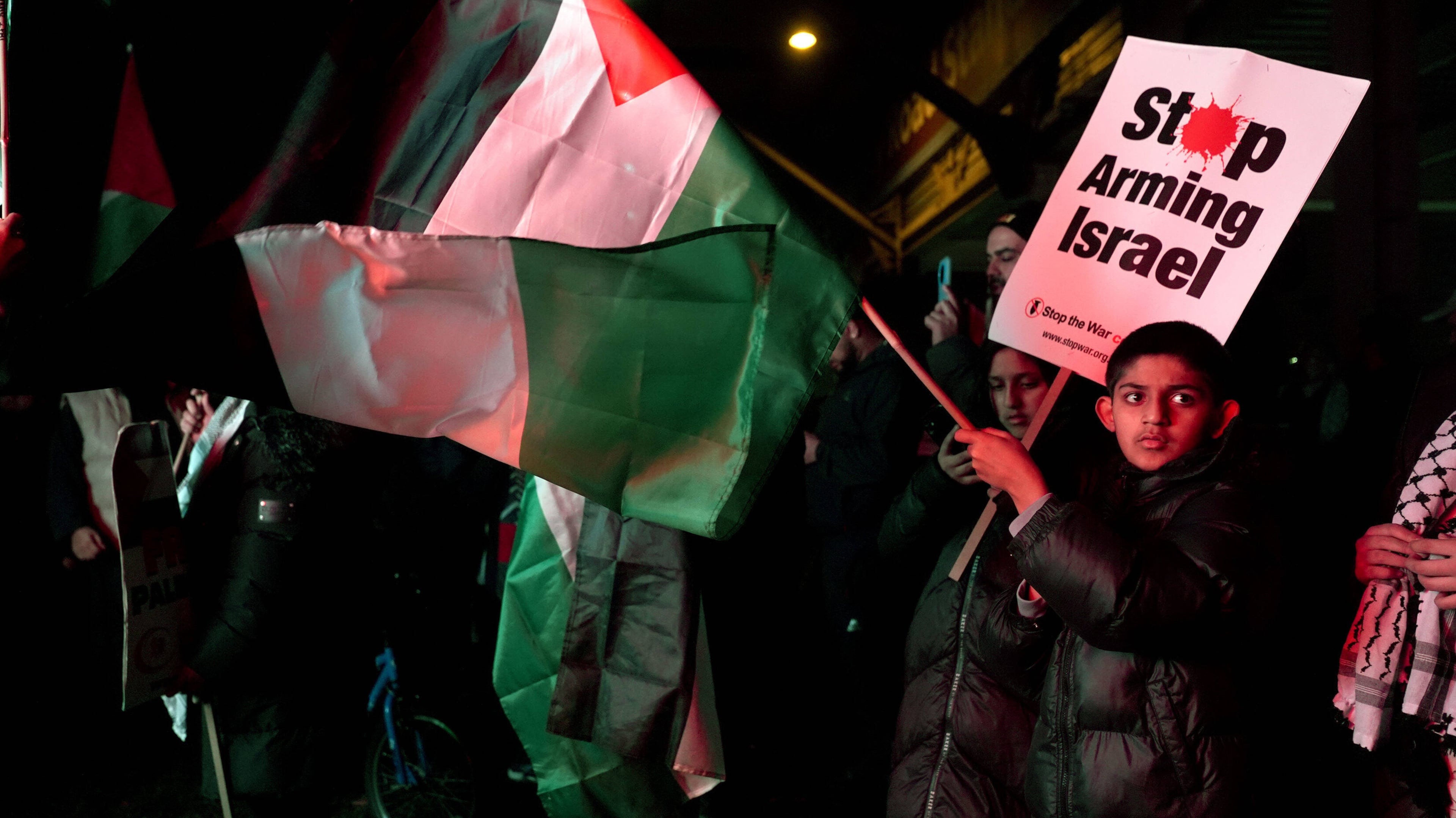 Pro Palestinian campaigners protest outside Villa Park, ahead of the Europa League soccer match between Aston Villa and Maccabi Tel Aviv in Birmingham, England, Thursday, Nov. 6, 2025. (Joe Giddens/PA via AP)