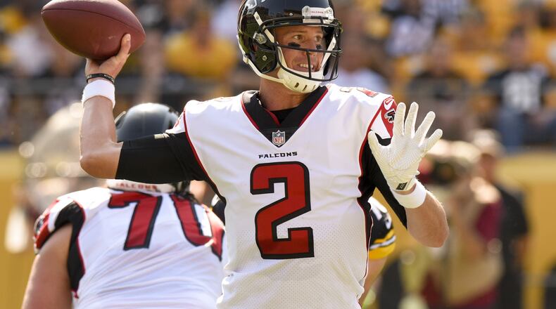 Atlanta Falcons quarterback Matt Ryan (2) passes in the first quarter of an NFL preseason football game against the Pittsburgh Steelers, Sunday, Aug. 20, 2017, in Pittsburgh. (AP Photo/Don Wright)